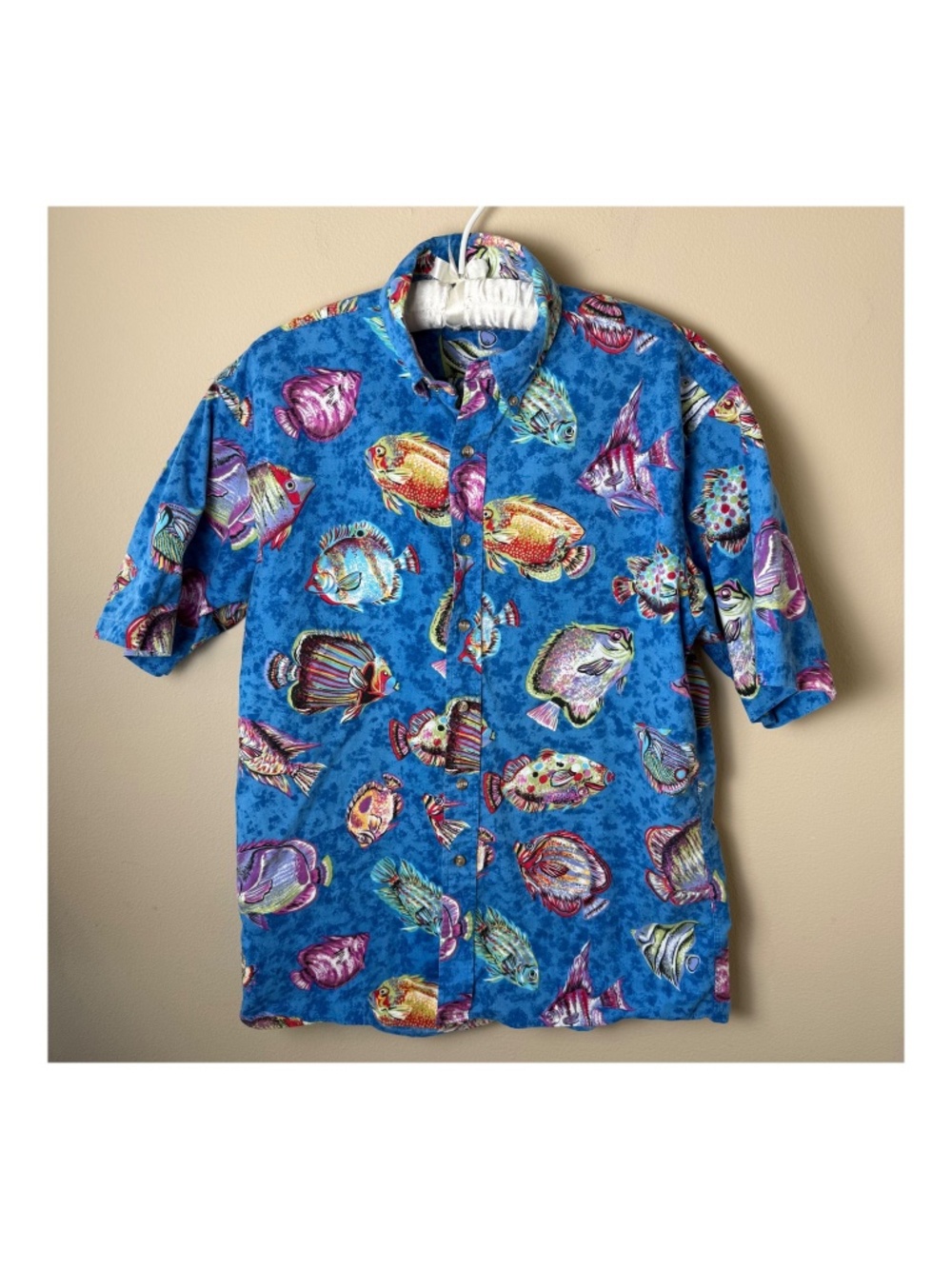 Vintage Lands End Hawaiian Shirt Mens Medium Large Blue Tropical Fish AOP 90s